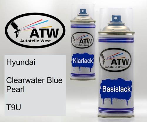 Hyundai, Clearwater Blue Pearl, T9U: 400ml Sprühdose + 400ml Klarlack - Set, von ATW Autoteile West.